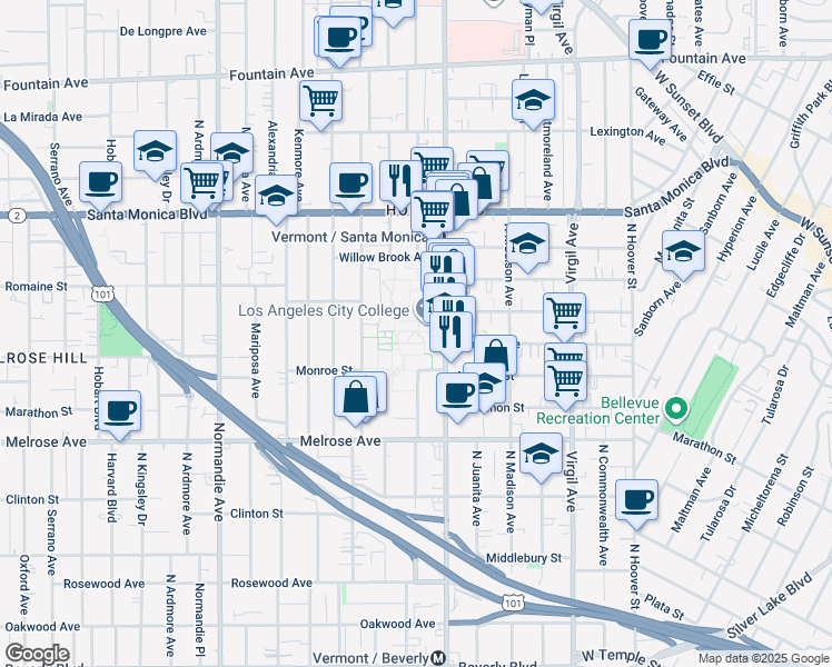 map of restaurants, bars, coffee shops, grocery stores, and more near 855 North Vermont Avenue in Los Angeles