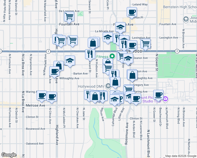 map of restaurants, bars, coffee shops, grocery stores, and more near 912 North Hudson Avenue in Los Angeles