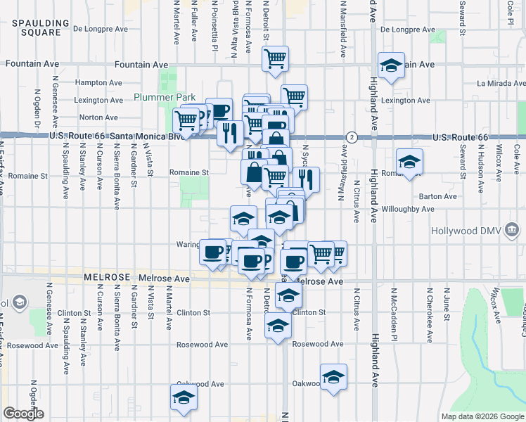 map of restaurants, bars, coffee shops, grocery stores, and more near 7165 Willoughby Avenue in Los Angeles
