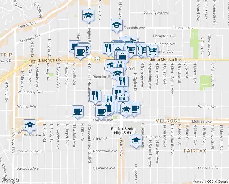 map of restaurants, bars, coffee shops, grocery stores, and more near 905 1/2 North Fairfax Avenue in West Hollywood