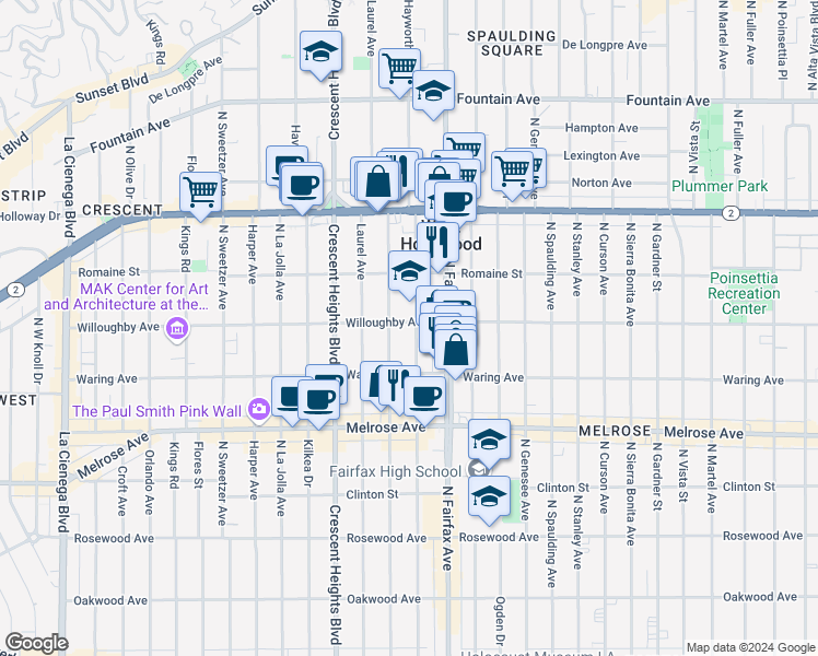 map of restaurants, bars, coffee shops, grocery stores, and more near 925 North Hayworth Avenue in Los Angeles