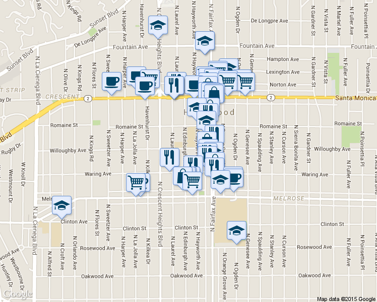 map of restaurants, bars, coffee shops, grocery stores, and more near 925 North Hayworth Avenue in Los Angeles