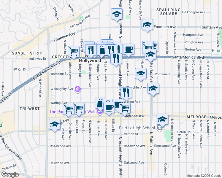 map of restaurants, bars, coffee shops, grocery stores, and more near 916 North La Jolla Avenue in West Hollywood