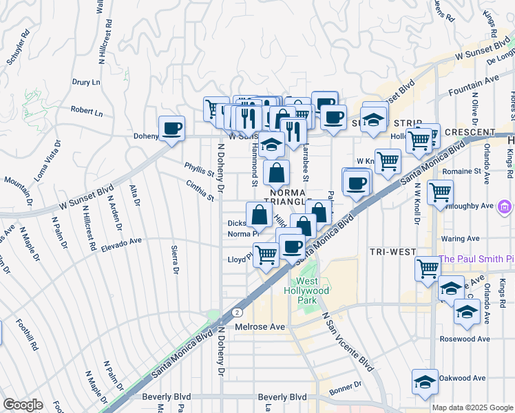 map of restaurants, bars, coffee shops, grocery stores, and more near 8965 Cynthia Street in West Hollywood