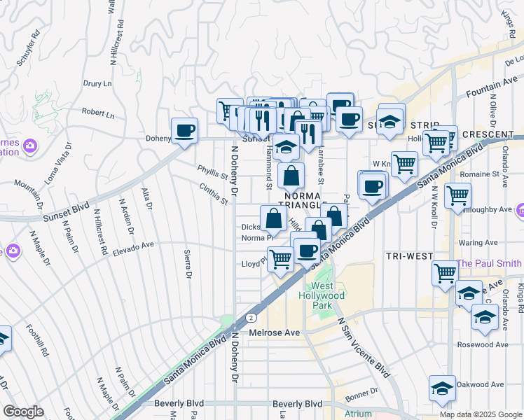 map of restaurants, bars, coffee shops, grocery stores, and more near 8965 Cynthia Street in West Hollywood