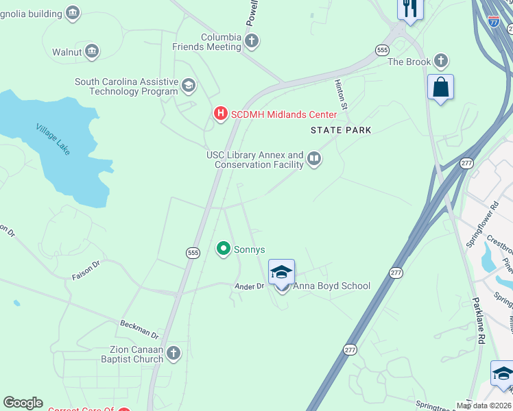 map of restaurants, bars, coffee shops, grocery stores, and more near 712 Hinton Street in Columbia