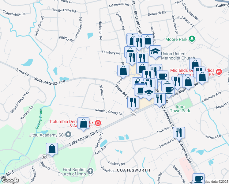map of restaurants, bars, coffee shops, grocery stores, and more near 8 Crescent Lane in Columbia