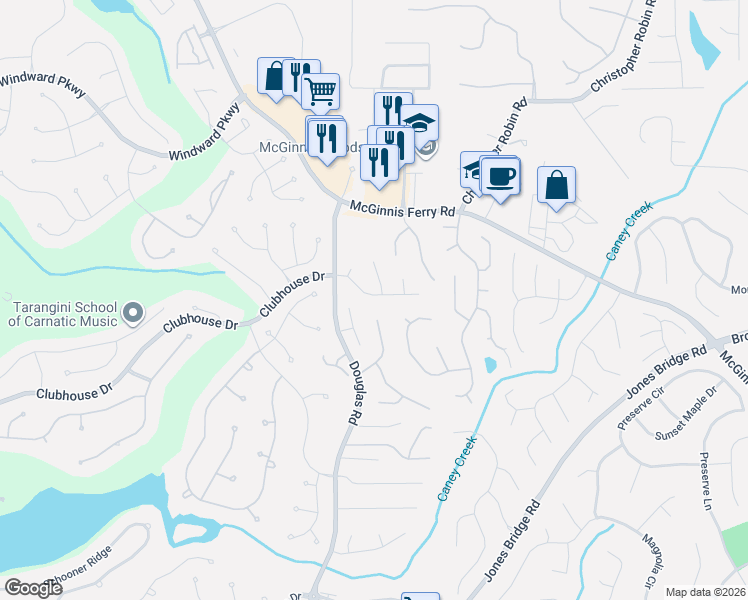 map of restaurants, bars, coffee shops, grocery stores, and more near 5615 Cannonero Drive in Alpharetta
