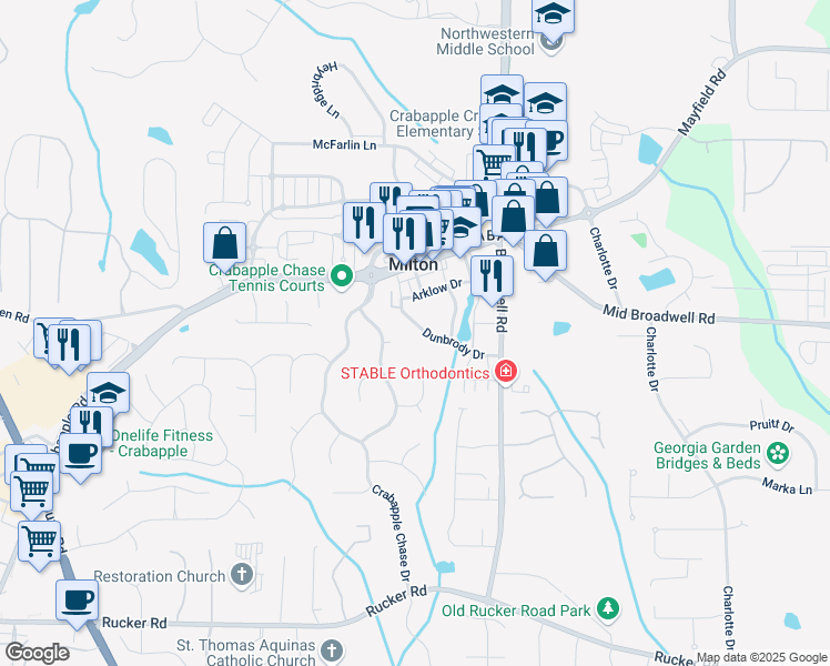 map of restaurants, bars, coffee shops, grocery stores, and more near 673 Dunbrody Drive in Milton