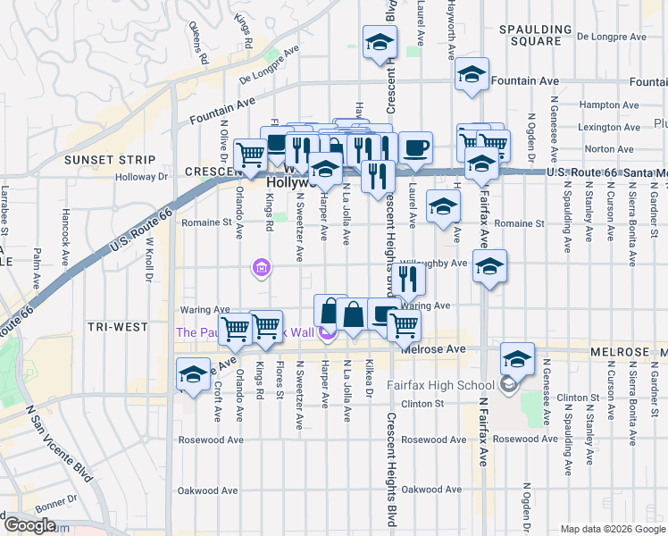 map of restaurants, bars, coffee shops, grocery stores, and more near 916 North La Jolla Avenue in West Hollywood
