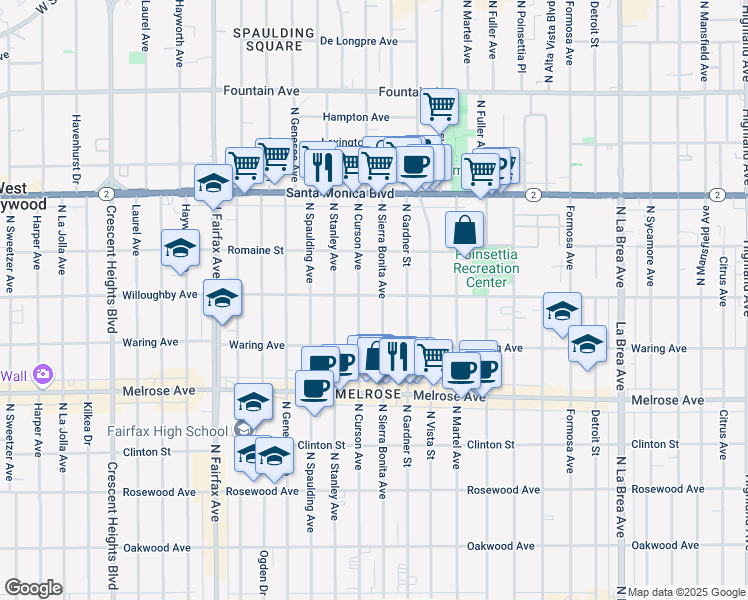 map of restaurants, bars, coffee shops, grocery stores, and more near 7558 Willoughby Avenue in Los Angeles