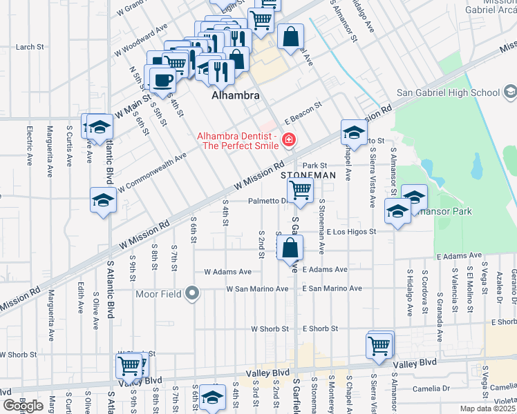 map of restaurants, bars, coffee shops, grocery stores, and more near 801 South 2nd Street in Alhambra