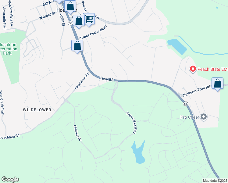 map of restaurants, bars, coffee shops, grocery stores, and more near 3434 Highway 53 in Hoschton