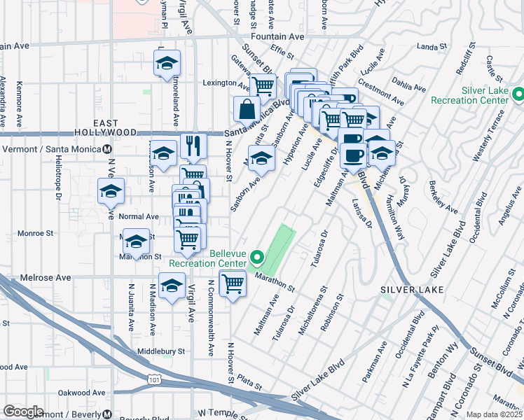 map of restaurants, bars, coffee shops, grocery stores, and more near 854 Hyperion Avenue in Los Angeles