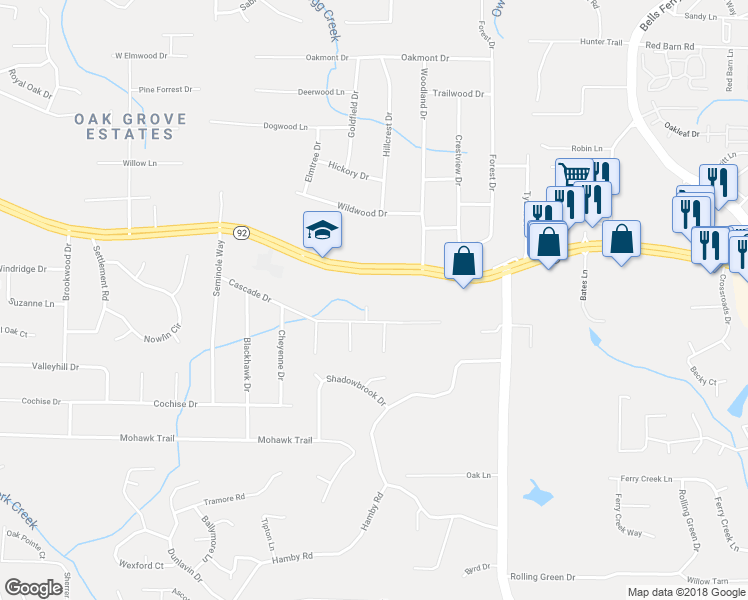 map of restaurants, bars, coffee shops, grocery stores, and more near 2184 Creekwood Court in Acworth