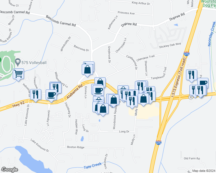 map of restaurants, bars, coffee shops, grocery stores, and more near 8964 Alabama Road Northeast in Woodstock
