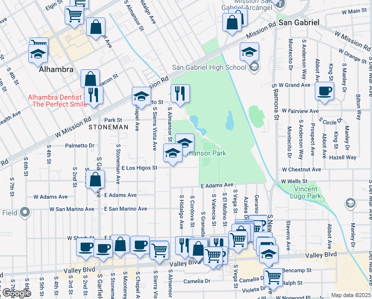 map of restaurants, bars, coffee shops, grocery stores, and more near 800 South Almansor Street in Alhambra