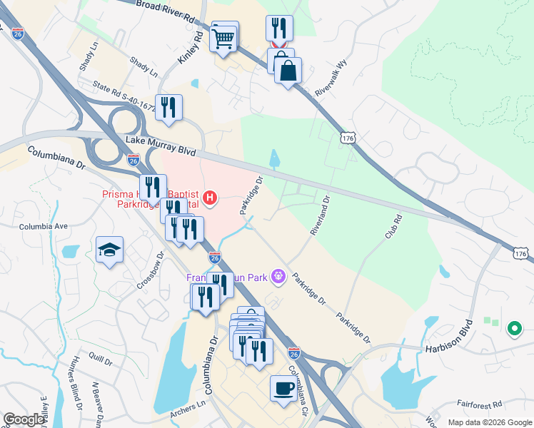 map of restaurants, bars, coffee shops, grocery stores, and more near 100 Walden Heights Drive in Irmo