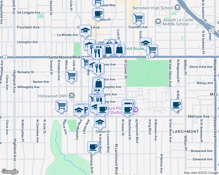 map of restaurants, bars, coffee shops, grocery stores, and more near 910 North El Centro Avenue in Los Angeles