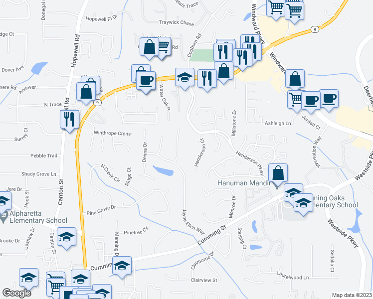 map of restaurants, bars, coffee shops, grocery stores, and more near 111 John Christopher Drive in Alpharetta