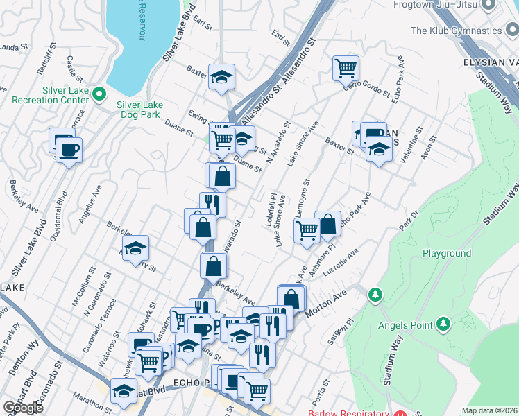 map of restaurants, bars, coffee shops, grocery stores, and more near 1804 North Alvarado Street in Los Angeles