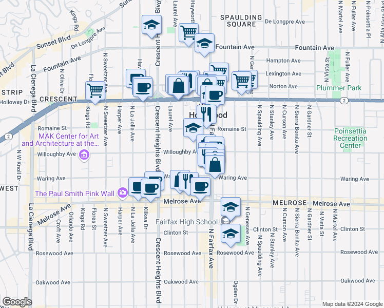 map of restaurants, bars, coffee shops, grocery stores, and more near 857 Hayworth Avenue in Los Angeles