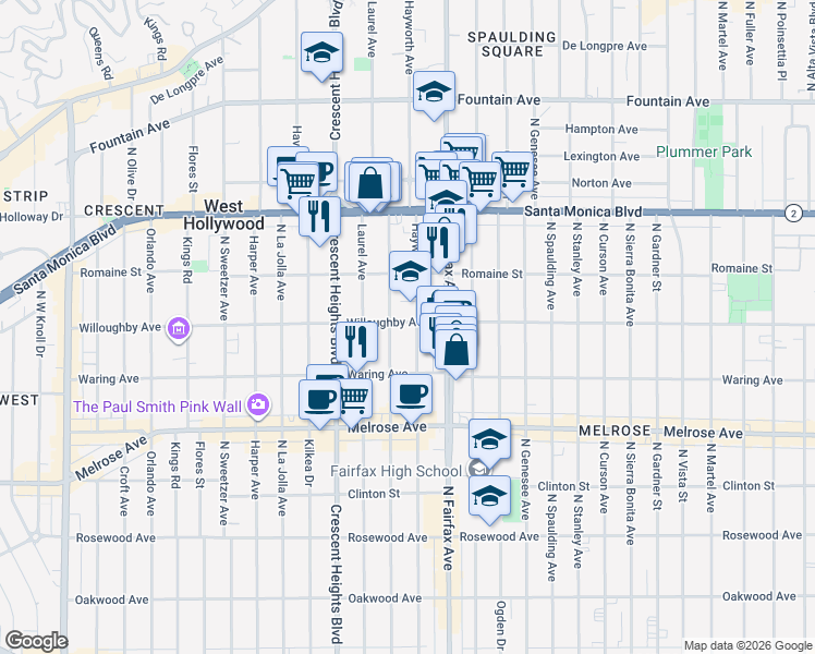 map of restaurants, bars, coffee shops, grocery stores, and more near 857 Hayworth Avenue in Los Angeles
