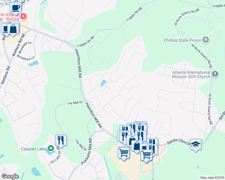 map of restaurants, bars, coffee shops, grocery stores, and more near 2854 Burel Ridge Drive in Buford