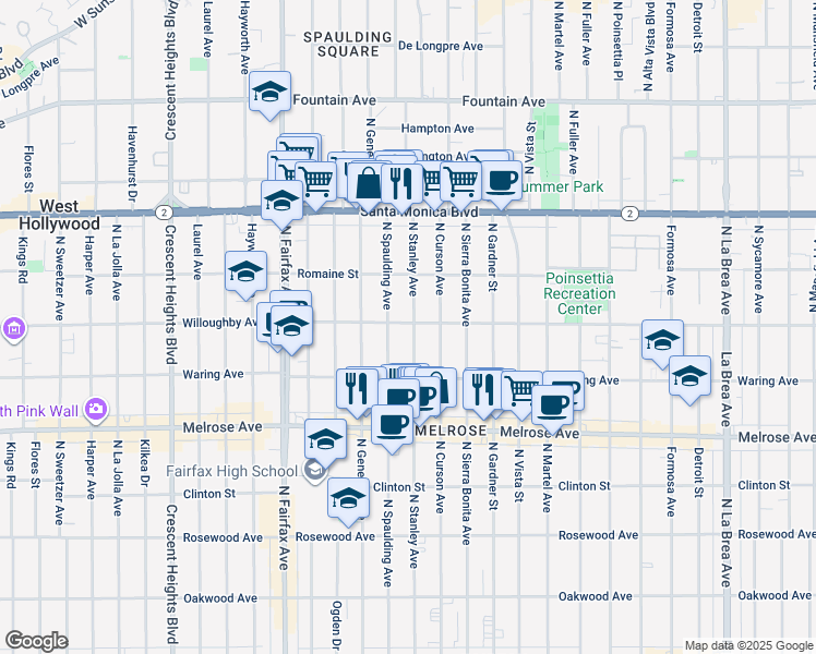 map of restaurants, bars, coffee shops, grocery stores, and more near 859 North Stanley Avenue in Los Angeles