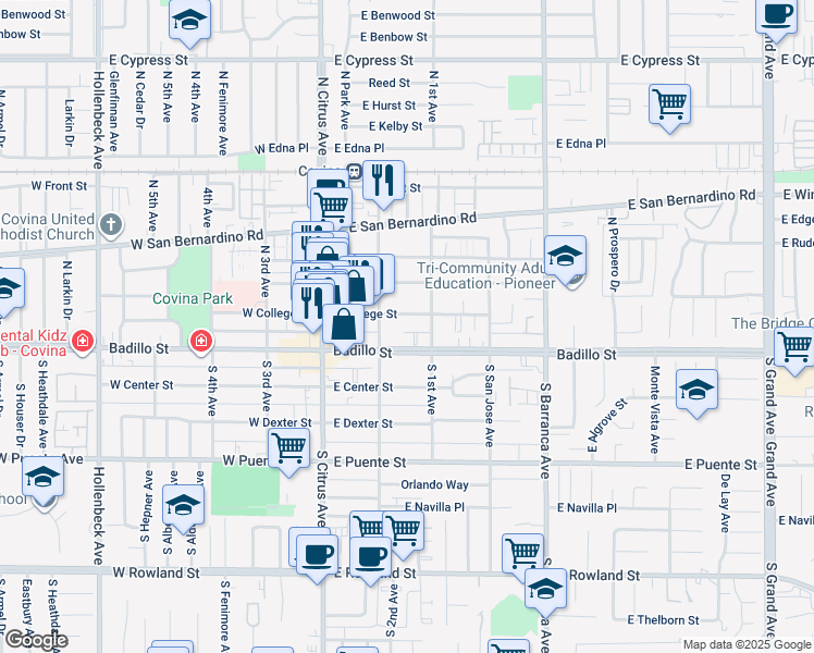 map of restaurants, bars, coffee shops, grocery stores, and more near in Covina