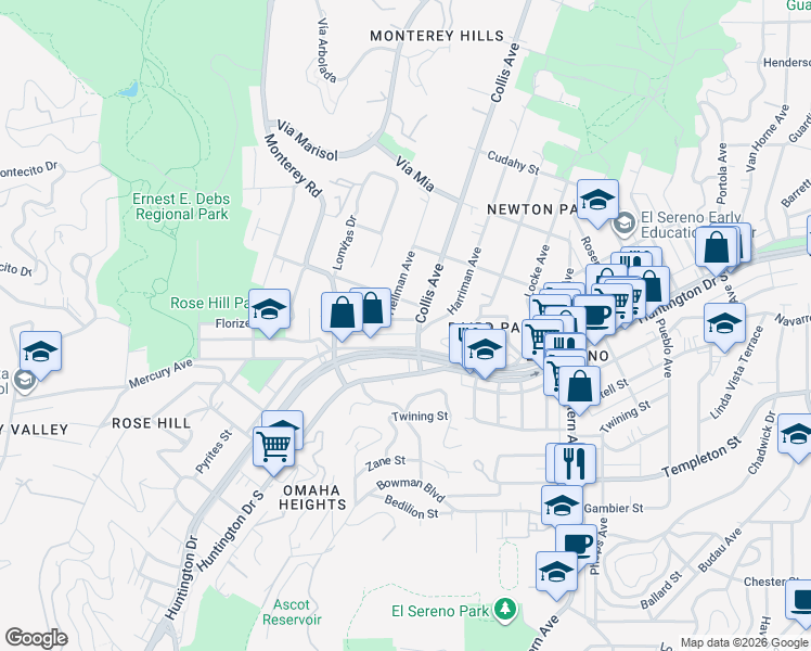 map of restaurants, bars, coffee shops, grocery stores, and more near 4682 Paula Street in Los Angeles