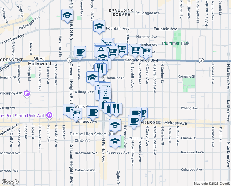 map of restaurants, bars, coffee shops, grocery stores, and more near 859 North Ogden Drive in Los Angeles