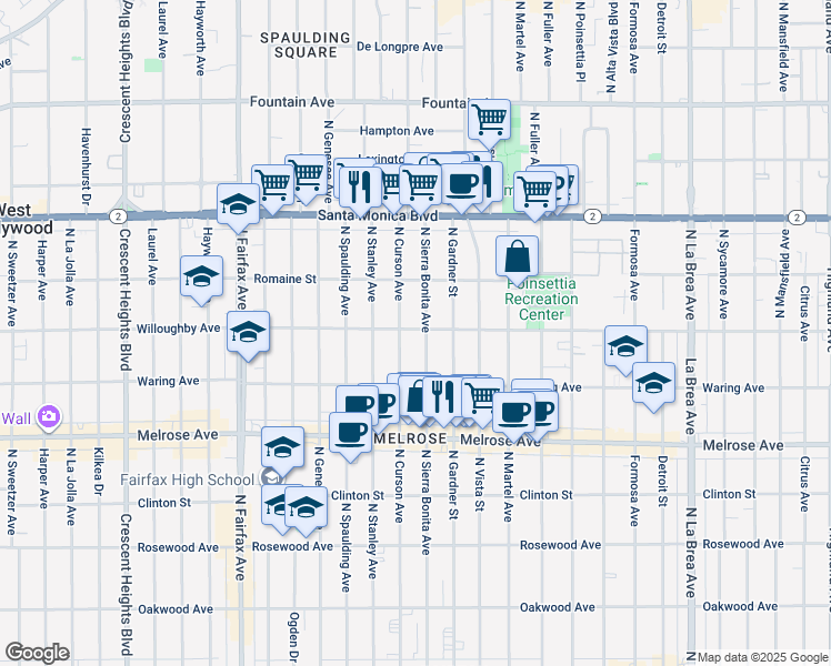 map of restaurants, bars, coffee shops, grocery stores, and more near 7558 Willoughby Avenue in Los Angeles