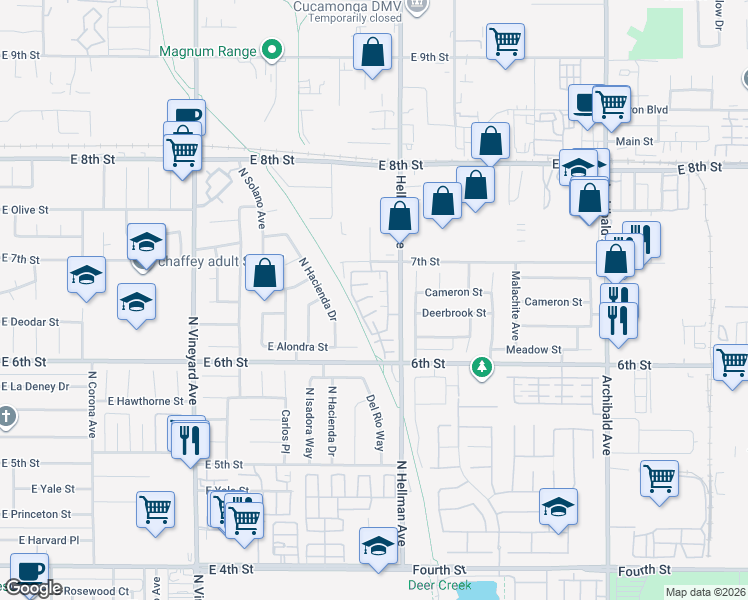map of restaurants, bars, coffee shops, grocery stores, and more near 9152 East Rancho Park Circle in Rancho Cucamonga
