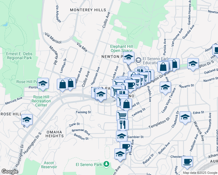 map of restaurants, bars, coffee shops, grocery stores, and more near 4835 Hillsdale Drive in Los Angeles