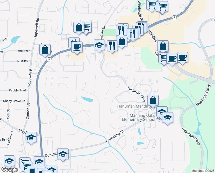 map of restaurants, bars, coffee shops, grocery stores, and more near 8031 Henderson Court in Alpharetta