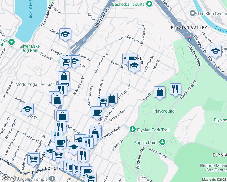 map of restaurants, bars, coffee shops, grocery stores, and more near Preston Avenue in Los Angeles