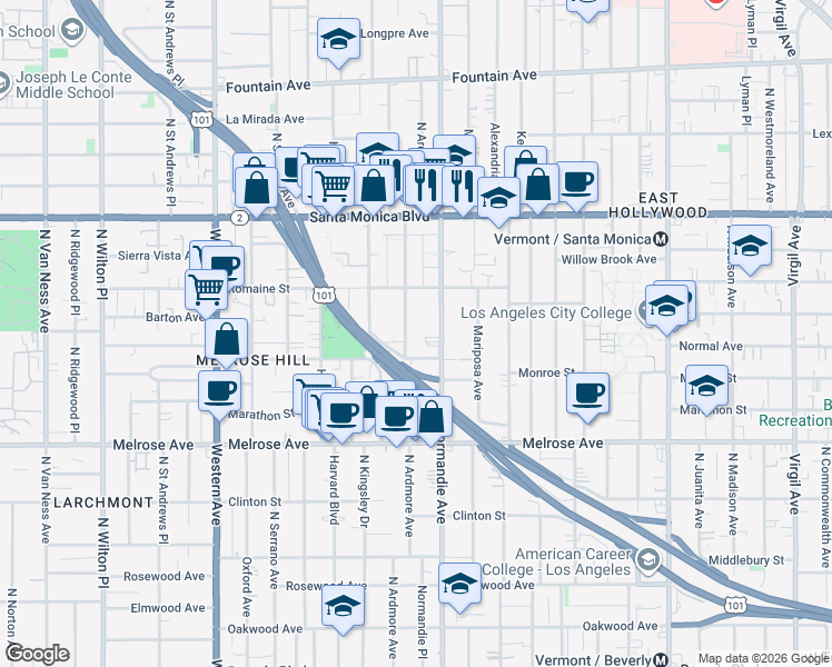 map of restaurants, bars, coffee shops, grocery stores, and more near 947 1/2 North Ardmore Avenue in Los Angeles