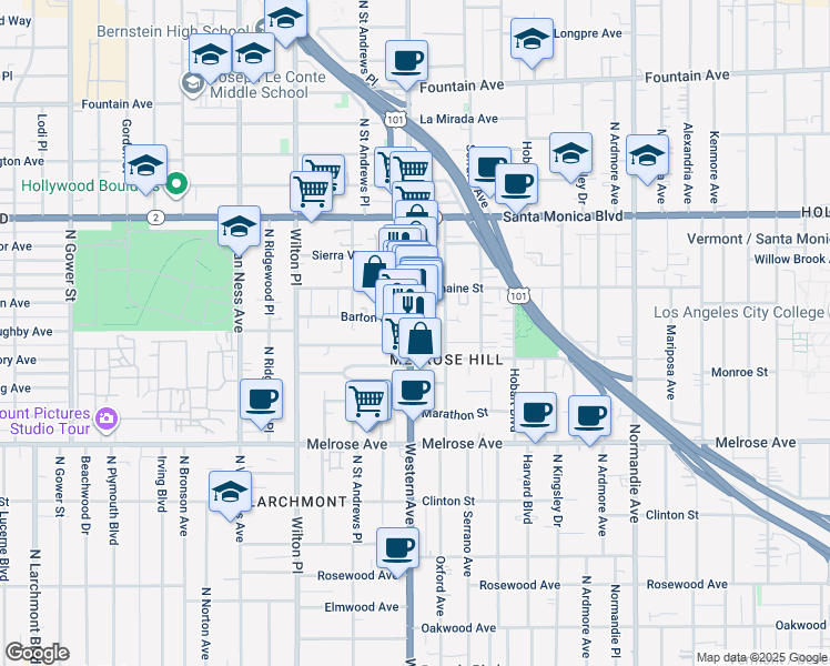 map of restaurants, bars, coffee shops, grocery stores, and more near 928 North Western Avenue in Los Angeles