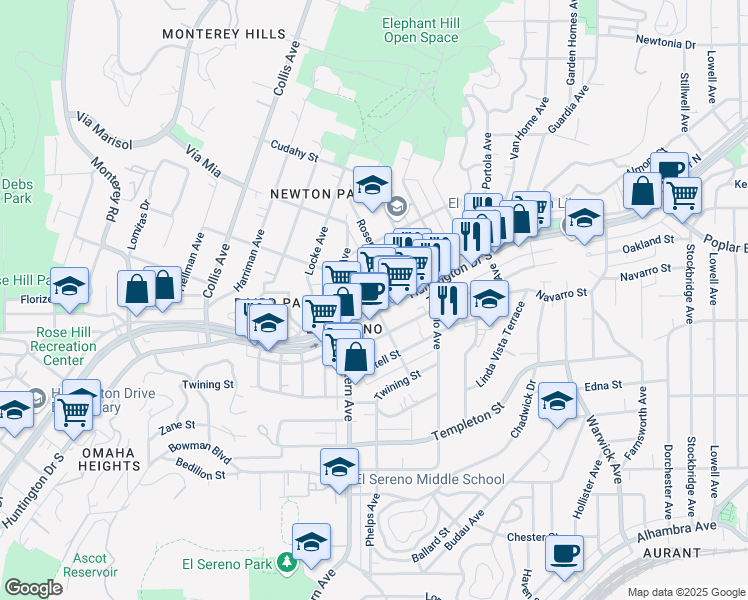 map of restaurants, bars, coffee shops, grocery stores, and more near 3625 Castalia Avenue in Los Angeles