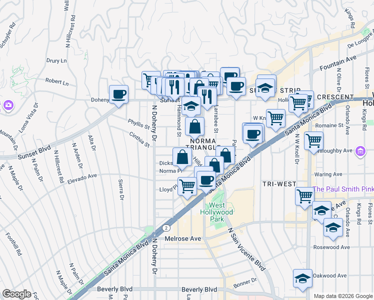 map of restaurants, bars, coffee shops, grocery stores, and more near 8960 Cynthia Street in West Hollywood