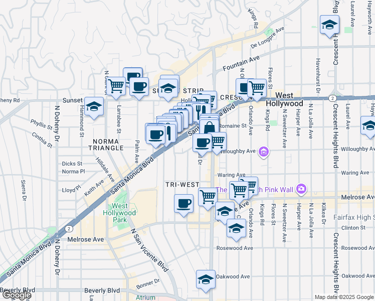 map of restaurants, bars, coffee shops, grocery stores, and more near 8589 Rugby Drive in West Hollywood