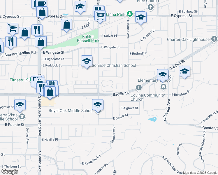 map of restaurants, bars, coffee shops, grocery stores, and more near 166 North Glendora Avenue in Covina