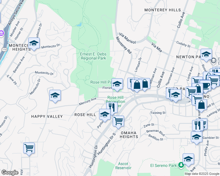 map of restaurants, bars, coffee shops, grocery stores, and more near Armour Avenue in Los Angeles