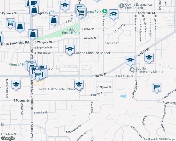 map of restaurants, bars, coffee shops, grocery stores, and more near 166 North Glendora Avenue in Covina
