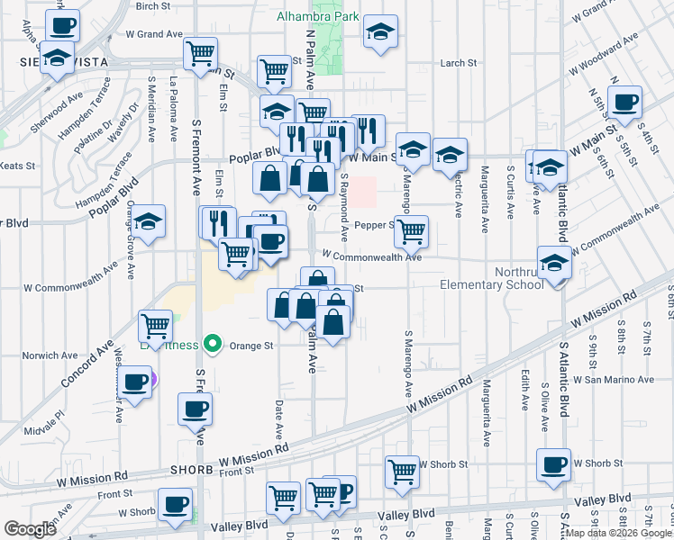 map of restaurants, bars, coffee shops, grocery stores, and more near 312 South Palm Avenue in Alhambra