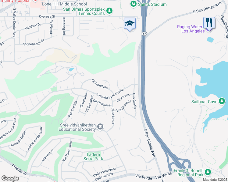 map of restaurants, bars, coffee shops, grocery stores, and more near 909 Calle Frondosa in San Dimas