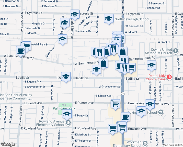 map of restaurants, bars, coffee shops, grocery stores, and more near 1131 West Badillo Street in Covina