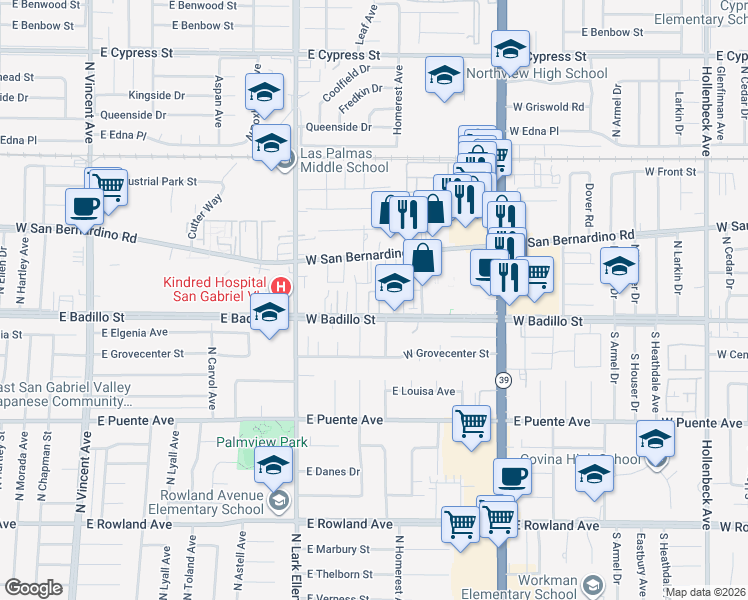 map of restaurants, bars, coffee shops, grocery stores, and more near 1147 Badillo Street in Covina