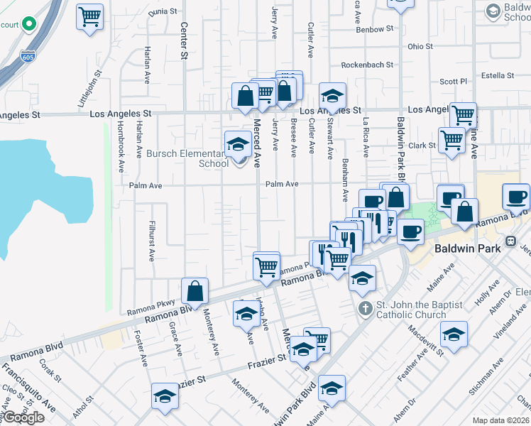 map of restaurants, bars, coffee shops, grocery stores, and more near 4124 Merced Avenue in Baldwin Park